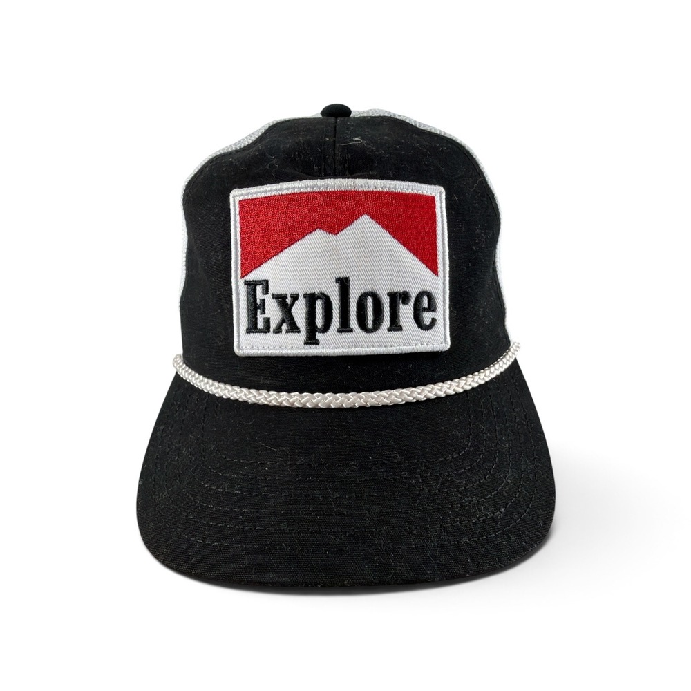 Explore Trucker Hat Mens OS Black Marlboro Style Patch Mesh Snapback Rope